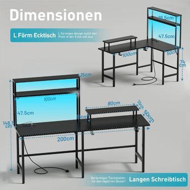 Ігровий стіл кутовий 150x100 см з 3 розетками та 2 USB, зворотний, з LED підсвічуванням, з ящиками та підставкою для монітора. Стіл для геймінгу, офісу, дому. (150 x 100 см, карбон)