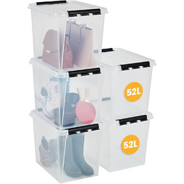 SmartStore Storage Boxes with Lid, Large, 52 L, Transparent, 2-Pack, Reinforced, 10-Year Warranty, Food Safe, with Clip Closure, Stackable, BPA-Free Plastic, 50 x 39 x 41 cm (52L / 5-Piece Set)