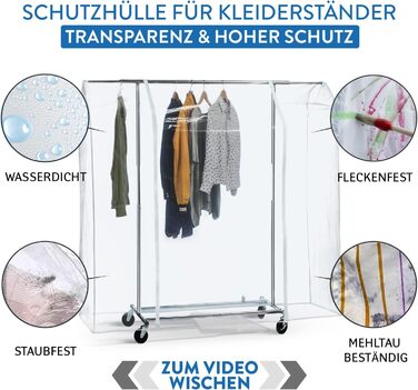 Tatkraft BIG Garment Rack Cover, Clothes Rack Cover, Plastic, Transparent, 2 Zippers, Extra Wide, L183 cm