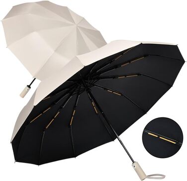 Вітростійкий автоматичний парасолька для подорожей, 12 ребер, для чоловіків та жінок (Бежевий)