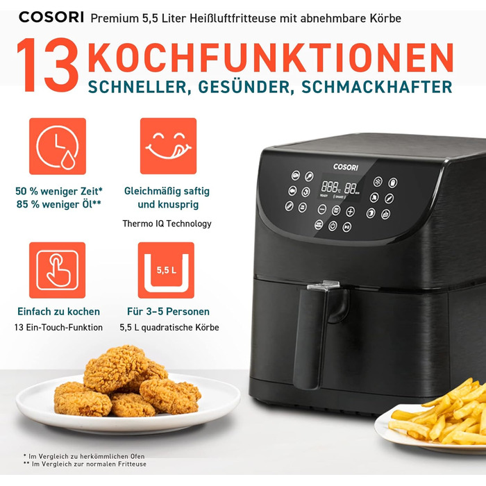 COSORI Air Fryer, 11-in-1 Air Fryer XXL 5.5L, Hot Air Fryer with Shake Reminder, 100 Recipes, 55 Percent Energy Saving, Dishwasher-Safe Baskets 5.5L Black