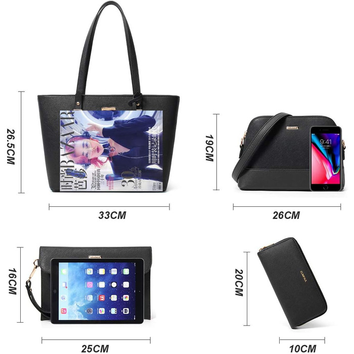 YTL Сумка жіноча Tote Shopper велика, чорна: набір 4 в 1 (офіс, школа, подорож)