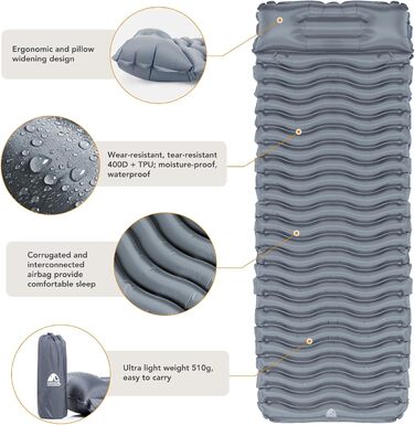 Unigear Camping Sleeping Pad - Small Packed Size, Inflatable Air Mattress for Camping, Sleeping Mat for Outdoor Use, Ultralight, Moisture-Resistant, Waterproof and Non-Slip, MULTI-FUNCTION (Gray with Pillow)