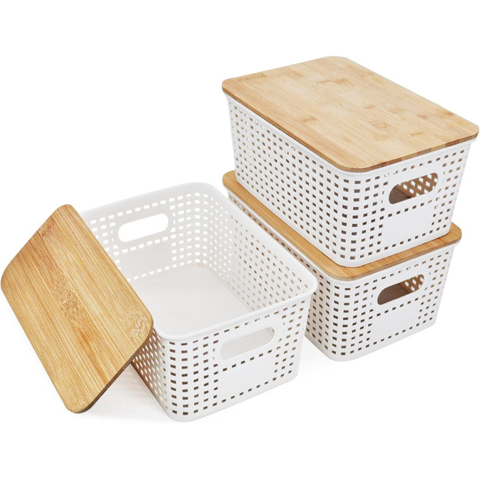 Storage Box with Bamboo Lid Small 3 Pieces 5L Storage Box Bathroom Box with Lid Bathroom Organizer 25x18x10cm Plastic Box Kitchen Storage Boxes Baskets Containers Stackable Boxes (White)