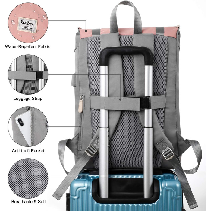 Жіночий рюкзак YAMTION з відділенням для ноутбука 17 дюймів, USB-порт, рожевий | Шкільний рюкзак для підліток та студентів