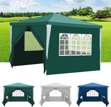 Waterproof Garden Pavilion, Gazebo, Stable and Winter-Proof with 4 Side Panels and Windows, Garden Party Tent with UV Protection 50+ for Parties, Market Stalls, Flea Markets, and Camping, Green, 3x3m