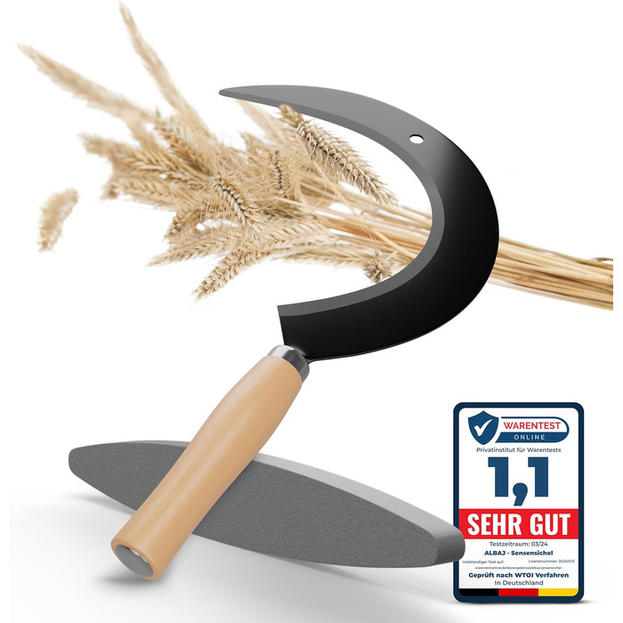 ALBAJ Sickle with Wooden Handle - traditional sharp sickle - sustainable scythe 35x22 cm - includes free sharpening stone – robust sickle for grass