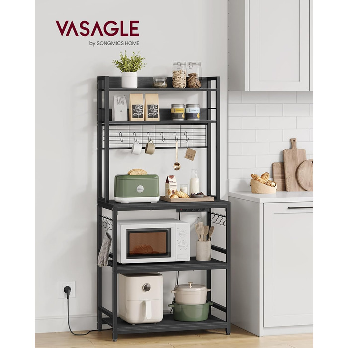 Стелаж кухонний VASAGLE з розетками, для мікрохвильової печі, з решіткою, 14 гачків, 40 x 80 x 170 см, антрацит-чорний