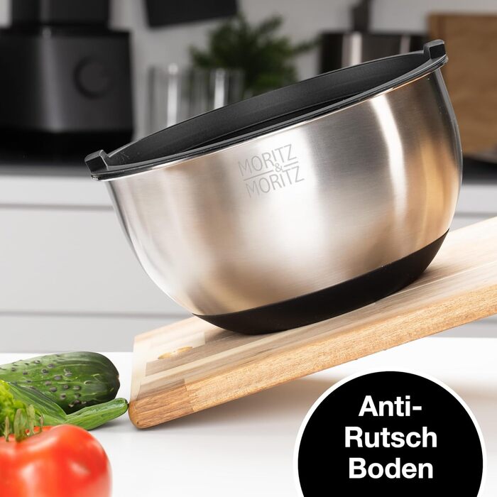 Миска для перемішування Moritz & Moritz 5er з кришкою - 0,6-4,5л - нержавіюча сталь з антиковзними ніжками без BPA - Складається, саладова миска з кришкою та 3 тертки - придатна для миття в посудомийній машині