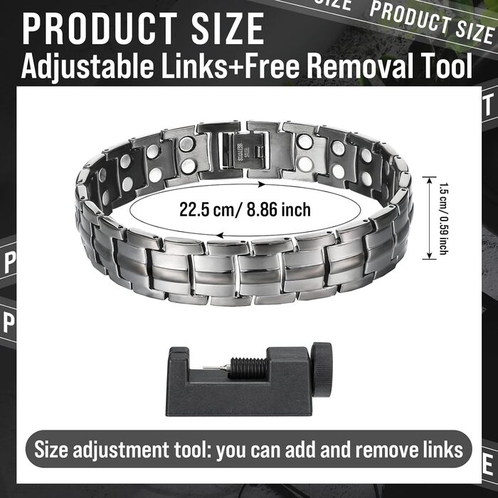 Браслет на магніті для чоловіків Jadive: титановий браслет з дворядними магнітами, регульований розмір, інструмент та сумка, чорний, повністю магнітний