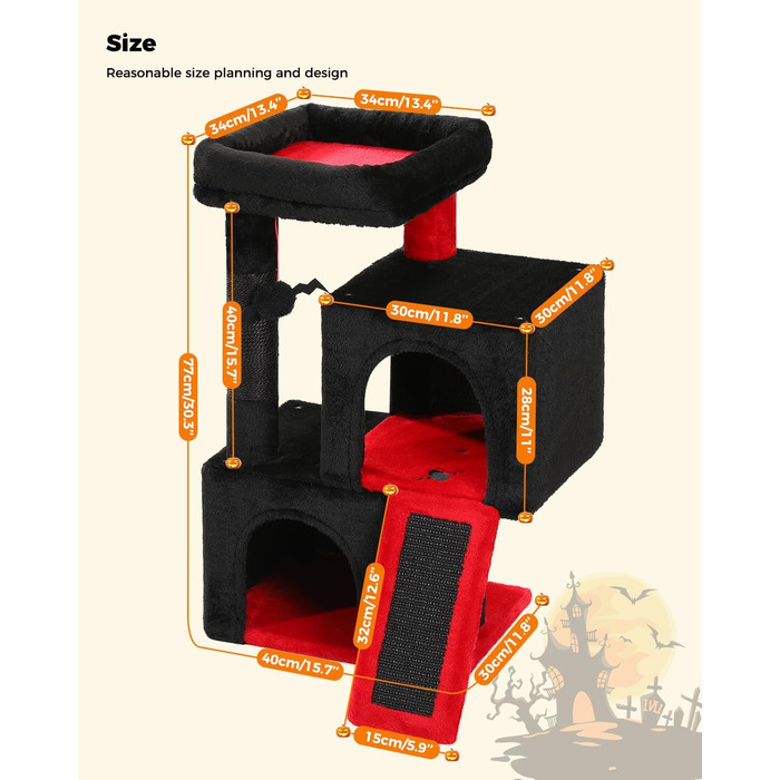 PETEPELA Scratching Post with Dual Condos for Apartment Cats, All-in-One Cat House with Padded Perch, Scratch Ramp & Post, and Replaceable Balls (Black, S 77cm)