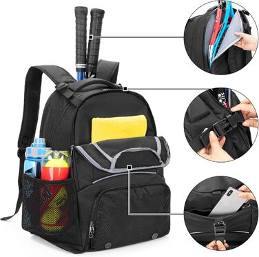 DSLEAF Tennis Backpack for 2 Rackets - Multi-Sport Bag with Ventilated Shoe Compartment - Tennis, Pickleball, Badminton, Squash - Black