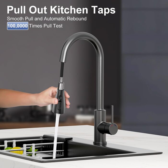 Змішувач для кухні SREWOHS PRO 4 з висувною лійкою, 4 режими розпилення, високий тиск, шланговий вилив, поворотний на 360°, одноручковий, чорний, нержавіюча сталь