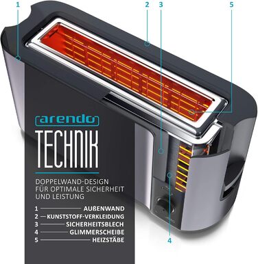 Arendo - 2-Slice Long Slot Toaster - Defrost Function - 1000W - Double-Walled Housing - Integrated Bun Tray - Browning Levels 1-6 - Display with Remaining Time Display D: Silvergrey