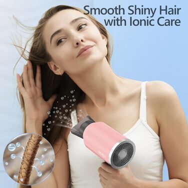 Фен іонний складний DEWILY Profi для подорожей, компактний, тихий, 3 режими нагріву, для сім'ї, сірий/рожевий (з насадкою)