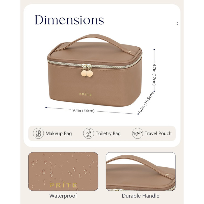 Велика косметичка для жінок, дорожня туалетна сумочка з водонепроникної шкіри, велика косметичка або сумочка для макіяжу з ручкою та знімним роздільником (коричнева)