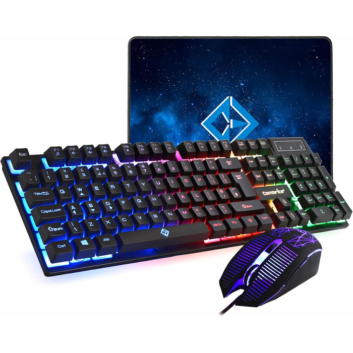 Ігровий набір клавіатури та миші Raptor з великим килимком, RGB-підсвітка, USB, UK-розкладка, для PC, Laptop, PS4, Xbox One, чорний