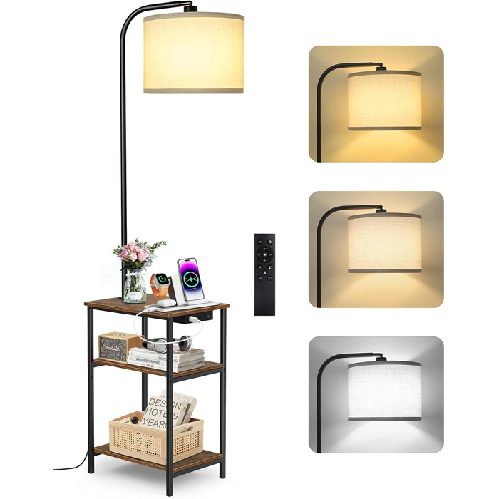 Стійка лампа для вітальні з поличкою та столом, регульована LED лампа з пультом, 3 колірні температури, приліжний столик з функцією зарядки та полицею, дерев'яний столик для спальні, офісу, коричневий в стилі рустік
