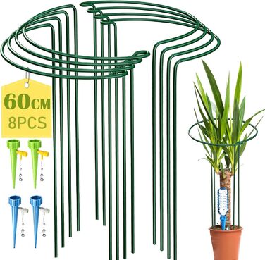 KAZITOO 8 Pack Large 60cm Tall Arch Plant Support Stakes, 4mm Thick Metal Garden Supports Green Half-Round Flower Rings with 4 Self-Watering Tips for Peonies, Hydrangeas, Monstera (60x30cm)