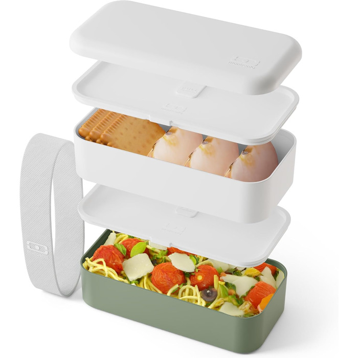 Monbento – Bento Box для дорослих: 2-рівнева ланчбокс з мікрохвильової пічці, BPA-free, для роботи/meal prep, Moka (білий/зелений)