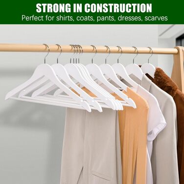 Дерев'яні вішалки для одягу Amber Home, білі, 30 шт. з нековзною перекладиною для штанів, сорочок, курток, суконь.