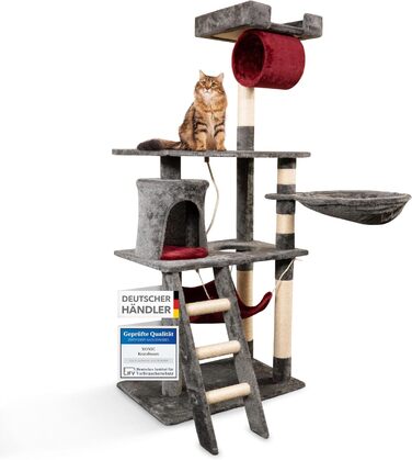 Кігтеточка для котів Foxdevil від xonic® - стабільна, багатофункціональна з платформою, гамаком, будиночком, іграшкою та сходами (141 см, сірий/червоний)