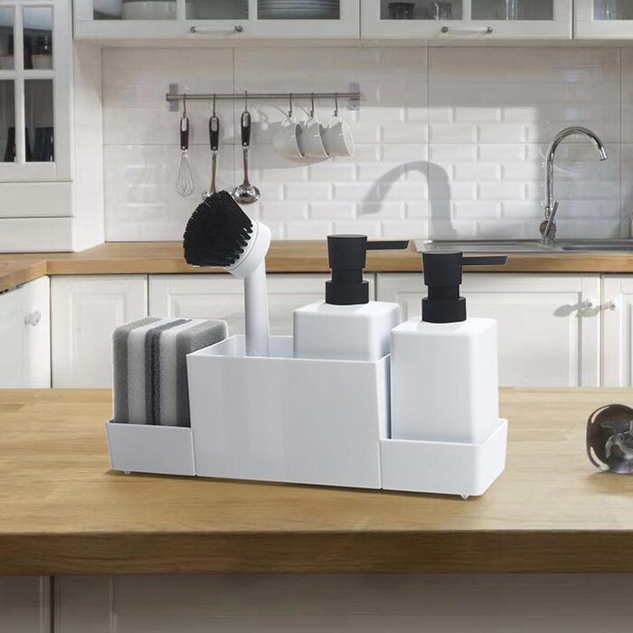 Dish Soap and Hand Soap Dispenser Kitchen Set with Sponge Holder and Brush, Dish Soap Dispenser Kitchen Black, Soap and Dish Soap Dispenser Set Kitchen Gadget Sink Organizer with Soap Dispenser (White, 4 in 1)