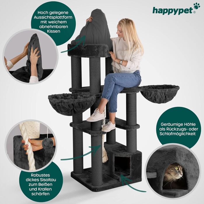 HAPPYPET Дряпка для котів 'Оскар' - преміум дряпка для великих котів, 161 см, 47 кг, товсті стовпи (12 см), антрацит