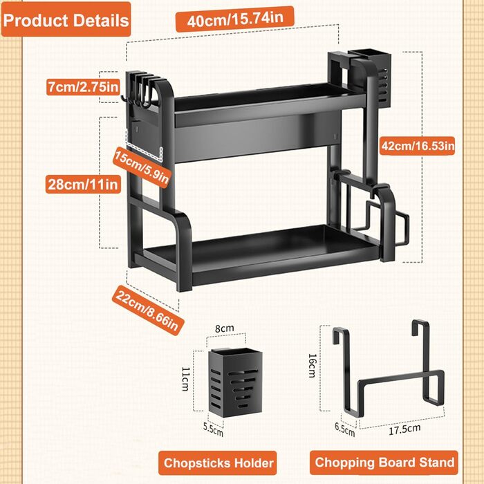 Стійка для спецій Devesanter на 2 яруси, велика місткість, з контейнерами, органайзер для кухні, з підставкою для дощок, з гачками, чорний
