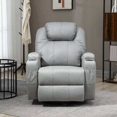 HOMCOM Electric TV Recliner Chair, Weight Capacity 150 kg, Stressless Recliner with Lie-Flat Function, Faux Leather, Light Grey
