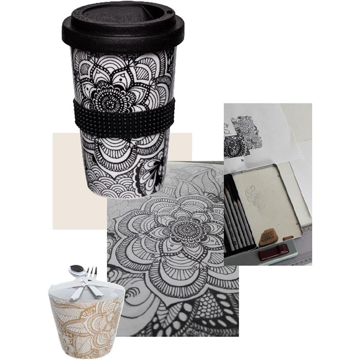 Mahlwerck Coffee-to-go Cup, Porcelain Coffee-to-go Cup with Leak-proof Lid, Design, Grey, 400ml (1 piece (1-pack), Gold)