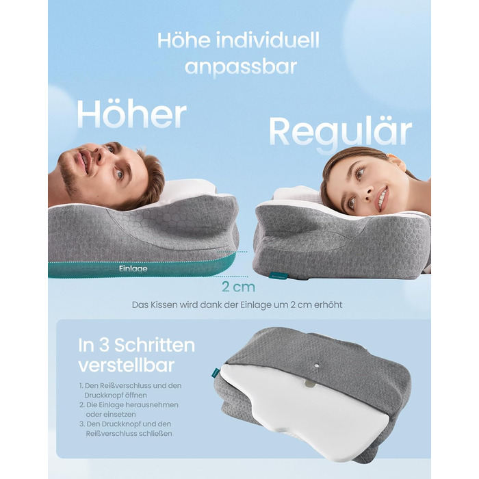 Подушка SONGMICS ергономічна з Memory Foam, висота регулюється, для сну на боці, спині та животі, колір: білий + сірий, поліестер