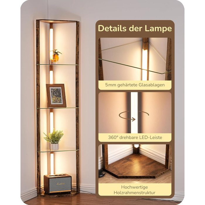 Стійка лампа EDISHINE з 4 полицями з дерева, LED диммер, 3 кольори світла, поворотний світловий маніпулятор, підсвічування полиць, регулювання яскравості, футовий вимикач, для вітальні (Вінтаж-коричневий+скло)