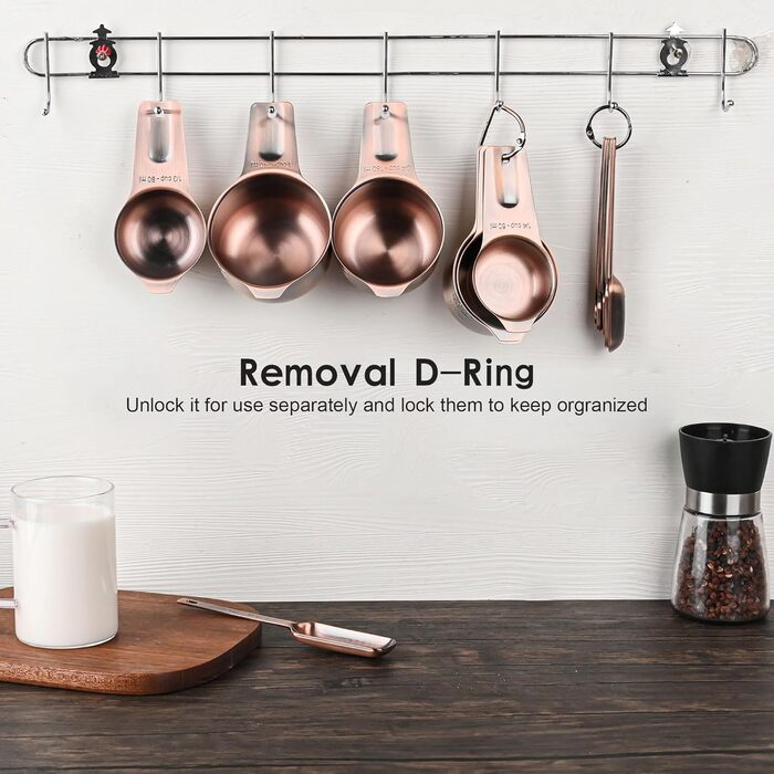 Zoyizi Copper Measuring Cup and Spoon Set, 17, 7 Stainless Steel Measuring Cups and 9 Long Narrow Measuring Spoons for Spice Jars and Levelers, Kitchen, Metric and US Measuring Cups, Spoons for Dry and