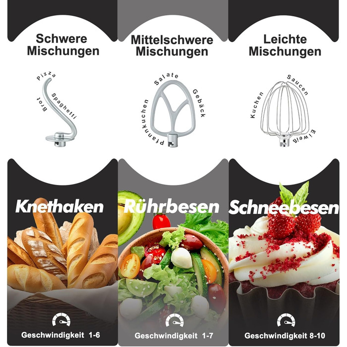 Кухонний комбайн Kitchen in the box, планетарний міксер з чашами 4,5 л та 5 л, 1300 Вт, 10+ швидкостей, з насадками (гак, міксер, вінчик), чорний