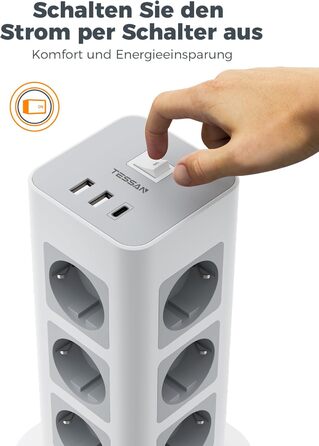 Многорозеткова смуга TESSAN із захистом від перенапруги, 3600W, 16A, 12 розеток, 2 USB-A, 1 USB-C, кабель 2м, сіра