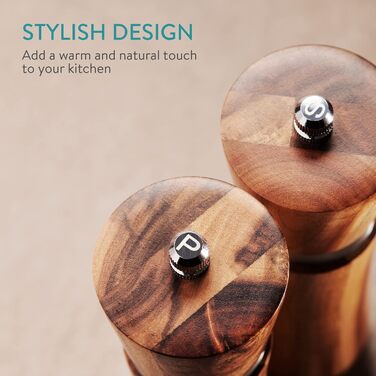Navaris Salt and Pepper Grinder Set - Spice Grinder Dispenser for Spices - Salt and Pepper Shakers made of Wood - with Tray - for Grinding - Refillable