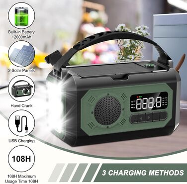 Радіо на сонячних батареях з ручним заводом 12000 mAh, AM/FM/NOAA, ліхтарик, SOS, Power Bank, зелений – для дому та подорожей