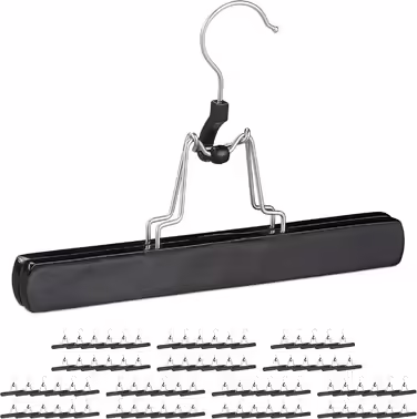 Relaxdays 84 x Trouser Clips Wood, 360° Swivel Hook, Felt Protection, HBT 17 x 25 x 2.3cm, Clothes Hanger for Trousers & Skirts, black