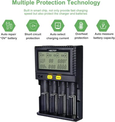 Зарядний пристрій для акумуляторів AUKSKY з LCD-дисплеєм (8 слотів) - універсальна зарядка для NI-MH, NI-Cd, AA, AAA, 14500, 18350, 21700, 26650, Li-Ion, LiFePO4, RCR123A (1.5A, 4 порти)