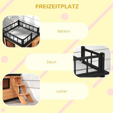 Павгут Будинок для собак з балконом, піднятий будиночок для дрібних тварин з сходами, вікно, печеринка для собак, для маленьких та середніх собак, сосна, жовтий, 121 x 77 x 78 см