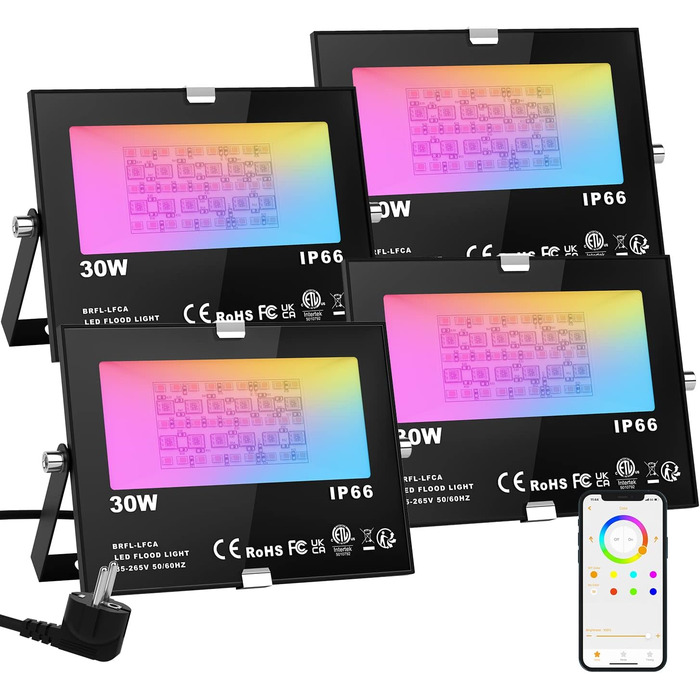 ChangM RGB LED Floodlight, Outdoor Floodlight, 30W, 4 Pack, Bluetooth APP Control, 16 Million Colors, Smart LED Floodlight, IP66 Outdoor Floodlight, Waterproof LED Floodlight, Garden Mood Lighting