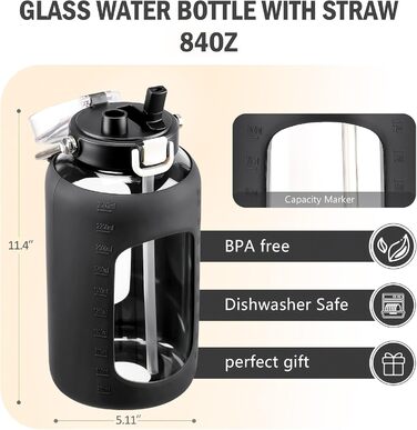 BLUEGO 2500ml Glass Water Bottle with Stainless Steel Handle, 2.5L Large Water Bottle with Time Markings and Silicone Sleeve, Half Gallon Water Jug BPA-Free for Sports Daily Use, Light Green (Black)