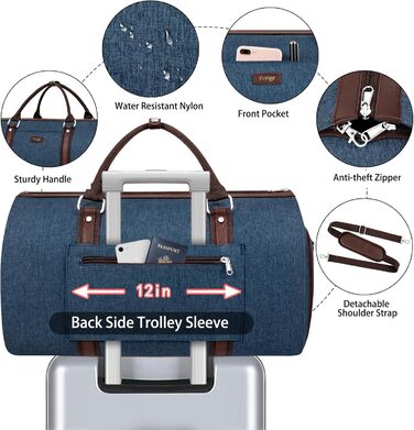 Трансформована сумка-чохол для подорожей: чоловіча та жіноча ручна сумка, велика дорожня сумка з сумкою через плече, 4-частинний набір, 2-в-1, для костюма, сукні, одягу, блакитний колір