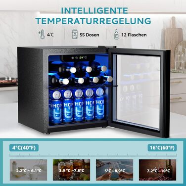 Міні-холодильник EUHOMY для напоїв на 55 банок, чорний, 36L, з дверцятами з прозорого скла, LED-підсвітка, тихий (43dB), для офісу, кімнати, бару