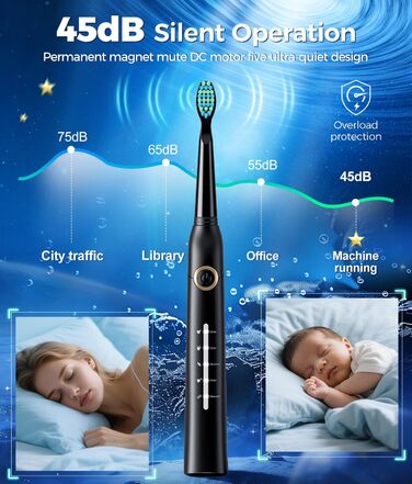 Звукова зубна щітка Schallzahnbürste для дорослих, 8 насадок, 40000 об/хв, 5 режимів, до 30 днів роботи, швидка зарядка, IPX7 водонепроникна, чорна