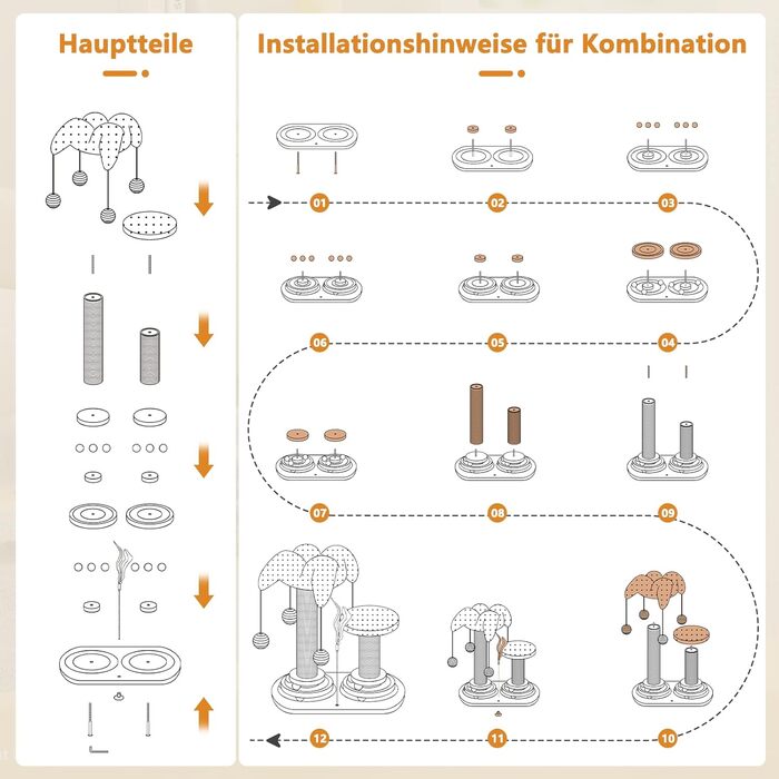 Інтерактивна іграшка для котів 6 в 1: дерев'яний комплекс з кульками, пір'ям, м'ячиком-трекером, когтеточкою з сизалю та джуту. Підходить для котів середніх та маленьких порід (білий)