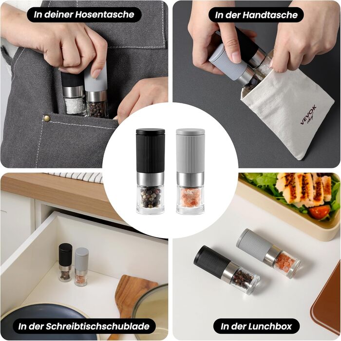 Набір мельниць для солі та перцю Vevok Chef Mini 2 шт. з регульованим керамічним жорном, прозорі. Підходять для кухні, кемпінгу, як подарунок.