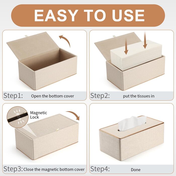 LADSTAG Tissue Box, PU Leather Tissue Box Cover with 4 Coasters, Tissue Box Cover for Rectangular Tissues, W x D x H: 25 x 13.5 x 9.5 cm (Beige)