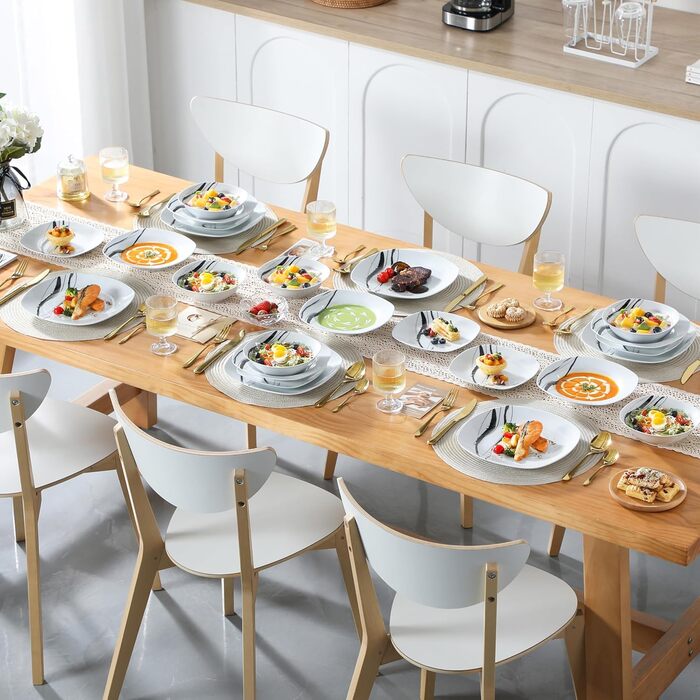 VEWEET Набір посуду з порцеляни для 4 осіб (24 елементи), серія FIONA: чорно-сірий декор, 12 елементів (тарілки та миски), підходить для щоденного використання, миється в посудомийній машині та розігрівається в мікрохвильовці